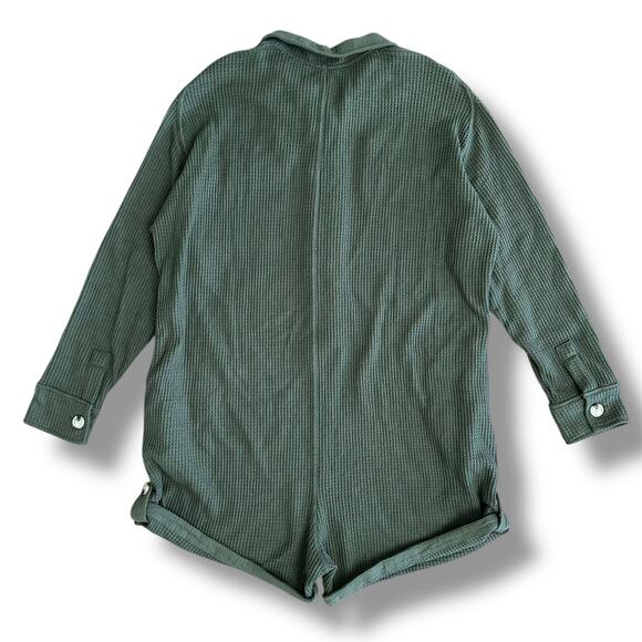 Olive Green Waffle Knit Button-Up Romper Size L Long Sleeve Collared Lounge - Picture 6 of 10